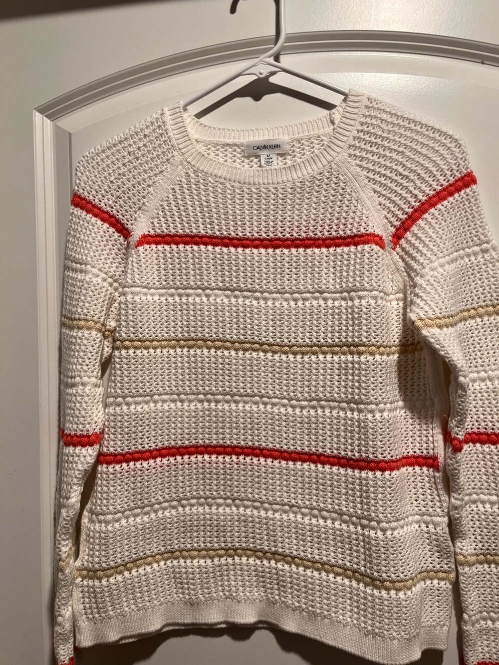 Calvin Klein Cream Knit Crewneck Sweater with Red and Tan Stripes